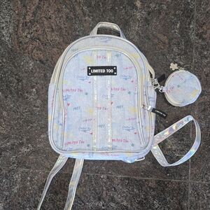 Limited Too Light Blue Holographic Denim Mini Backpack with Coin Pouch